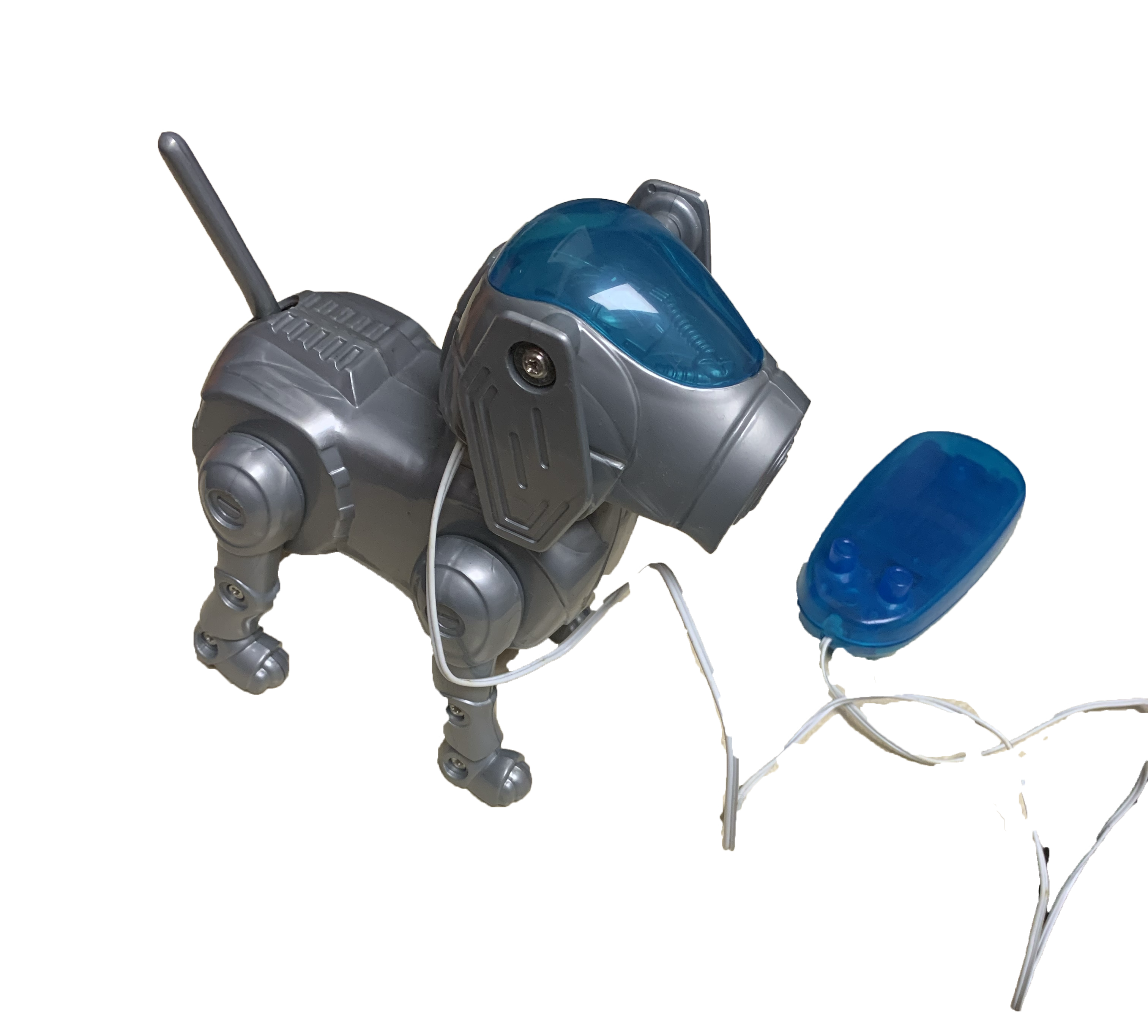 A Y2k robotic dog toy in silver and teal plastic. The leash is also a remote control.